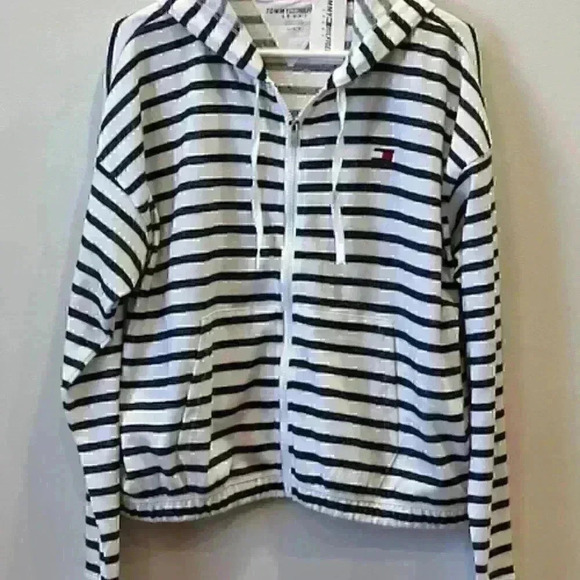 NWT! TOMMY HILFIGER Hooded Jacket/Sweatshirt/Hoodie Navy/White Stripe Size Large - Picture 2 of 16